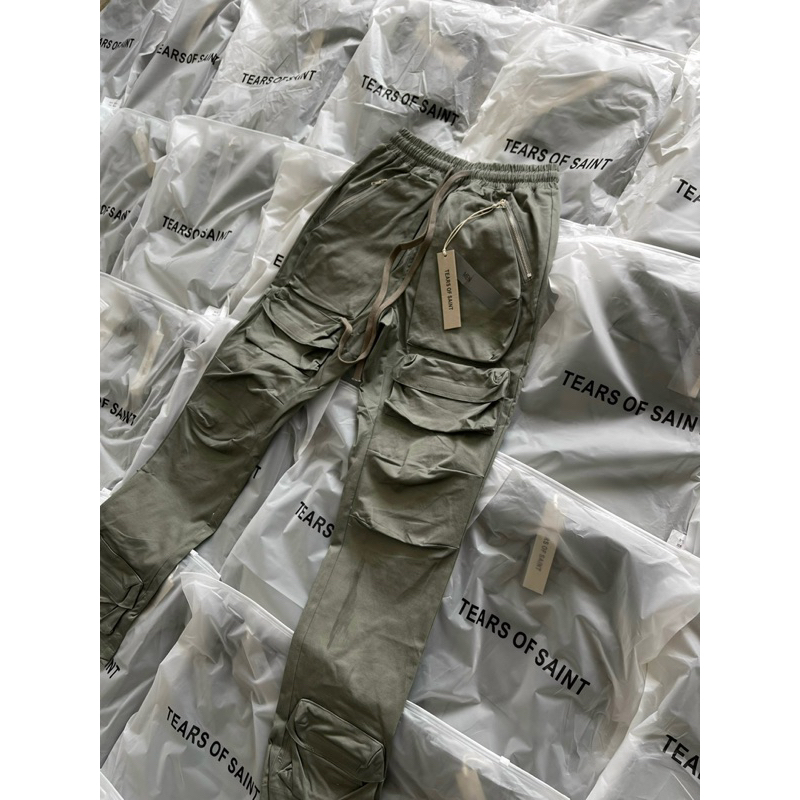 Quần Cargo - Tears of Saint - túi hộp Zipper xanh kaki newFW2023