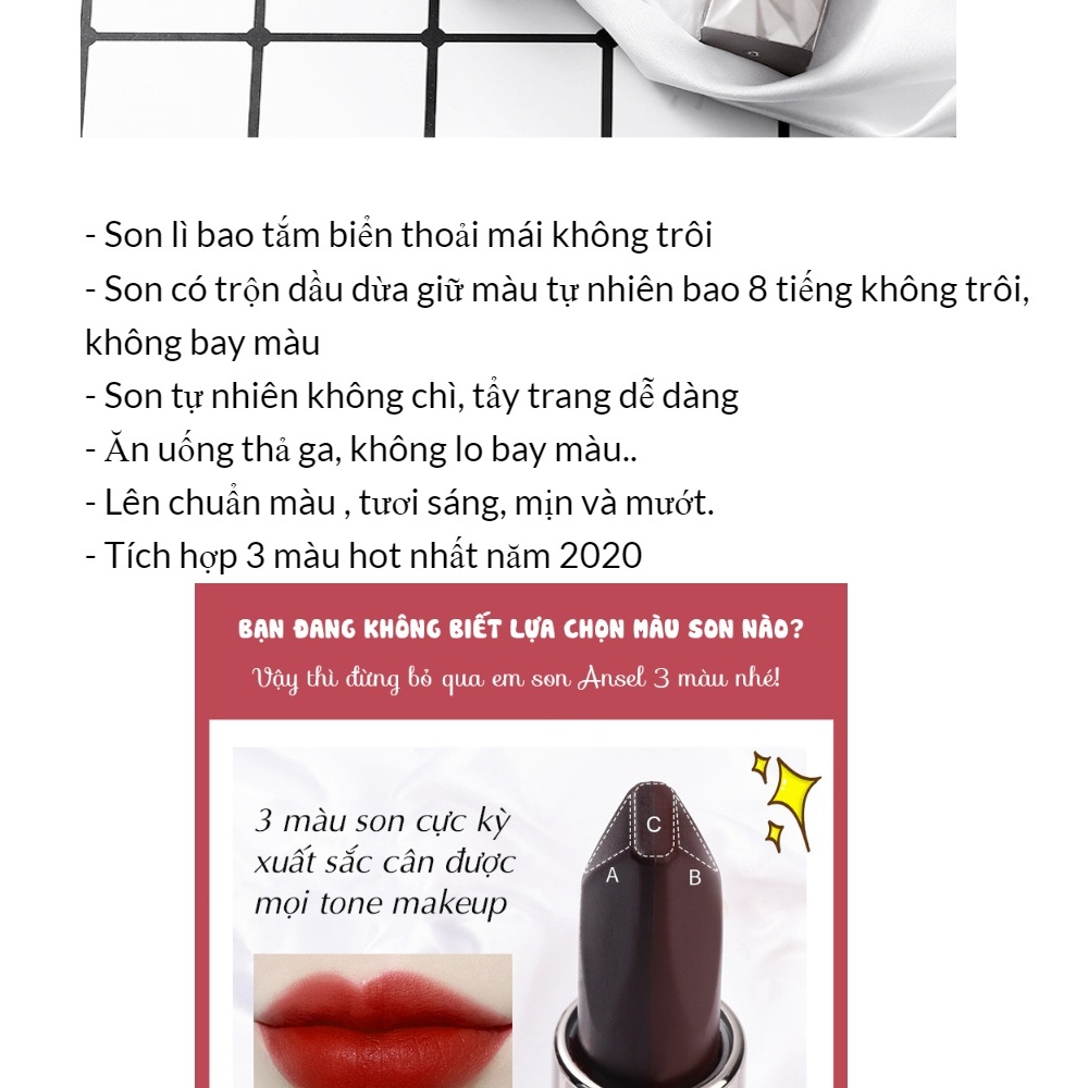 Son 3 màu ANSEL chống nước lâu trôi - Son lì dưỡng son môi kim cương lên màu đẹp Nội Địa Trung