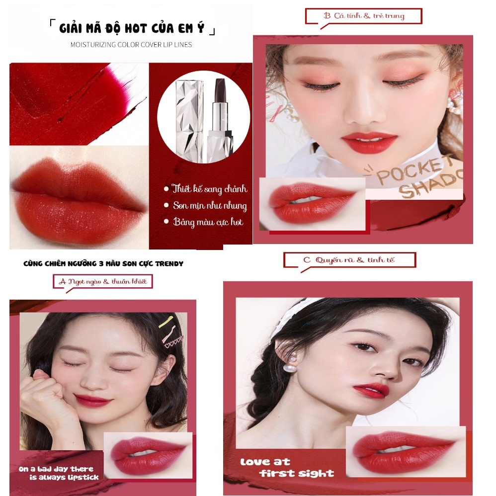 Son 3 màu ANSEL chống nước lâu trôi - Son lì dưỡng son môi kim cương lên màu đẹp Nội Địa Trung