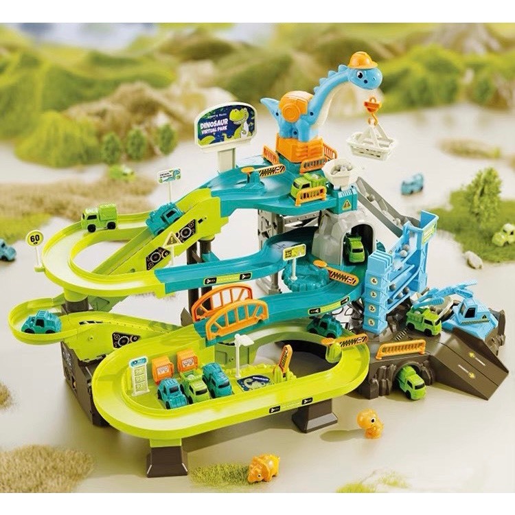 Đồ Chơi Bãi xe Khủng Long Tặng Kèm 6 Xe Trượt / Đồ chơi đường ray ô tô, bãi xe công trường / Bộ đường đua khủng long