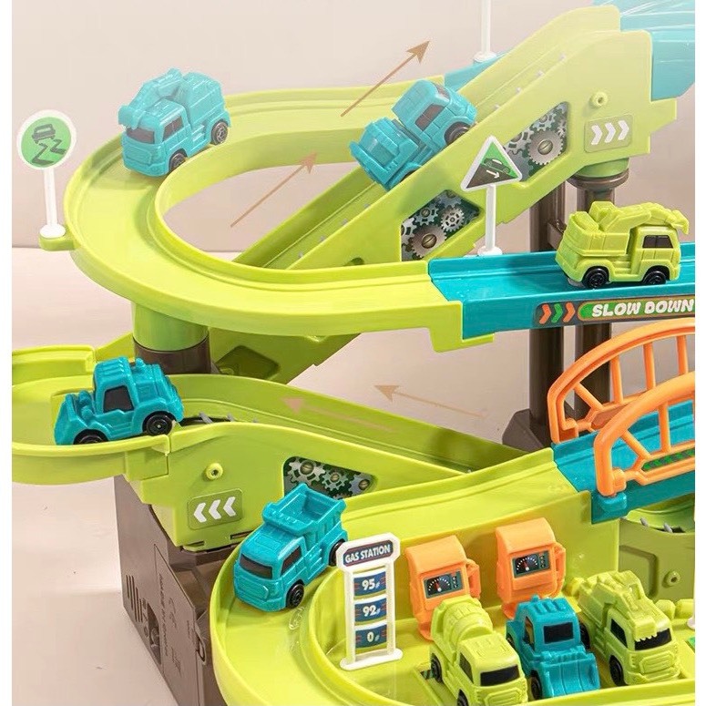 Đồ Chơi Bãi xe Khủng Long Tặng Kèm 6 Xe Trượt / Đồ chơi đường ray ô tô, bãi xe công trường / Bộ đường đua khủng long
