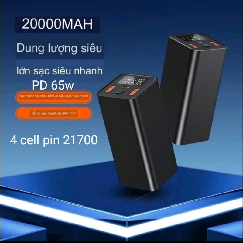 sạc dự phòng 65w 20000mah vỏ nhôm sạc siêu nhanh cho laptop Macbook điện thoại pd 65w 2 chiều