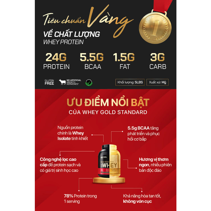 Bột đạm dinh dưỡng thể thao thể hình GOLD STANDARD 100% WHEY 4.5KG hỗ trợ tăng cơ từ thương hiệu OPTIMUM NUTRITION