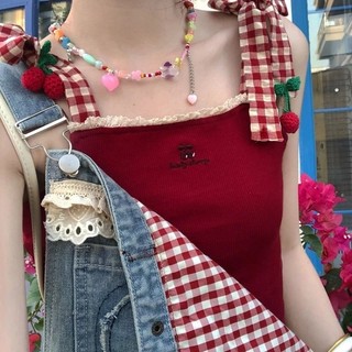 Áo croptop cherry đỏ 2 dây caro cột nơ viền ren