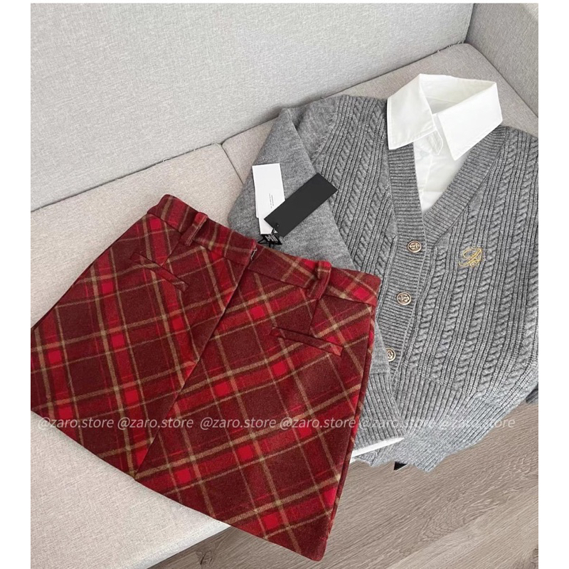 Áo cardigan thêu+sơ mi trắng thêu+Chân váy caro đỏ
