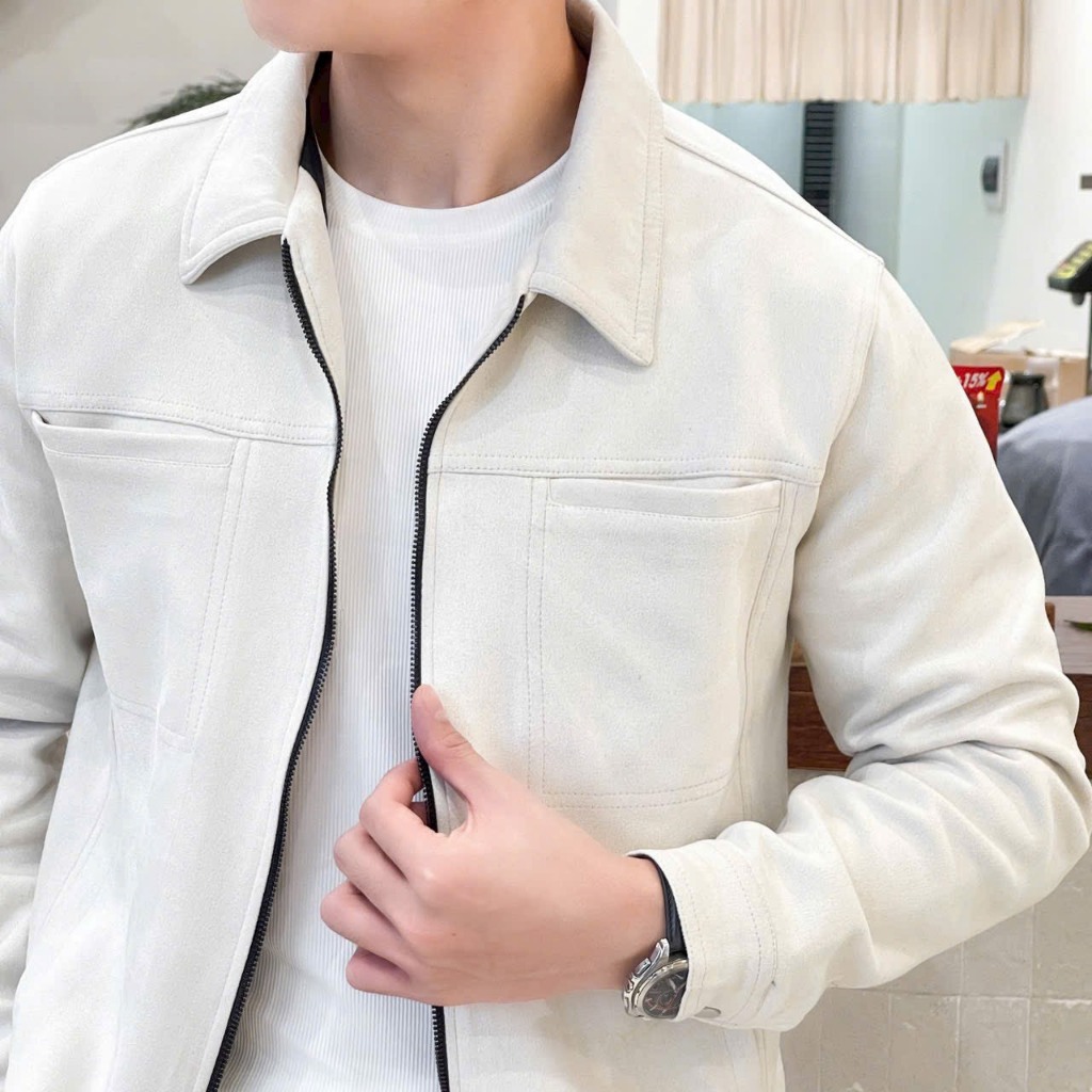 Áo khoác nam da lộn khóa kéo 2 túi ngực cao cấp