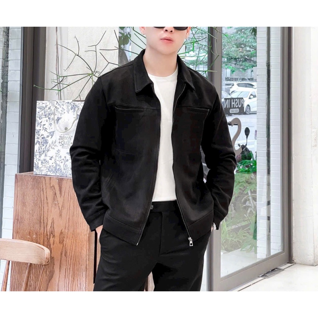 Áo khoác nam da lộn khóa kéo 2 túi ngực cao cấp