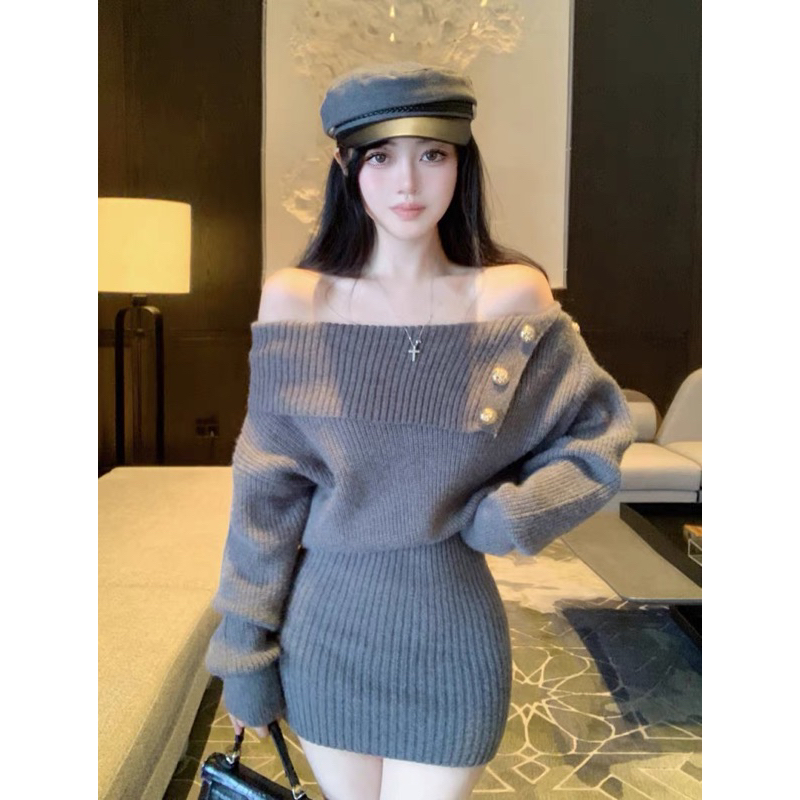 N302  Váy len trễ vai ulzzang màu xám ghi dài tay thu đông HOT 2023 siu nữ tính độc lạ