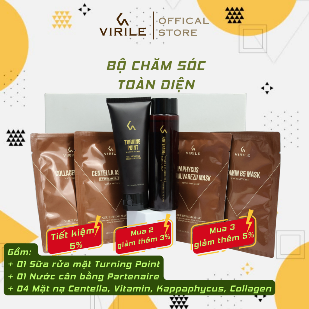 Bộ chăm sóc da toàn diện dành cho các loại da Virile với Sữa rửa mặt, Toner và mặt nạ dưỡng da