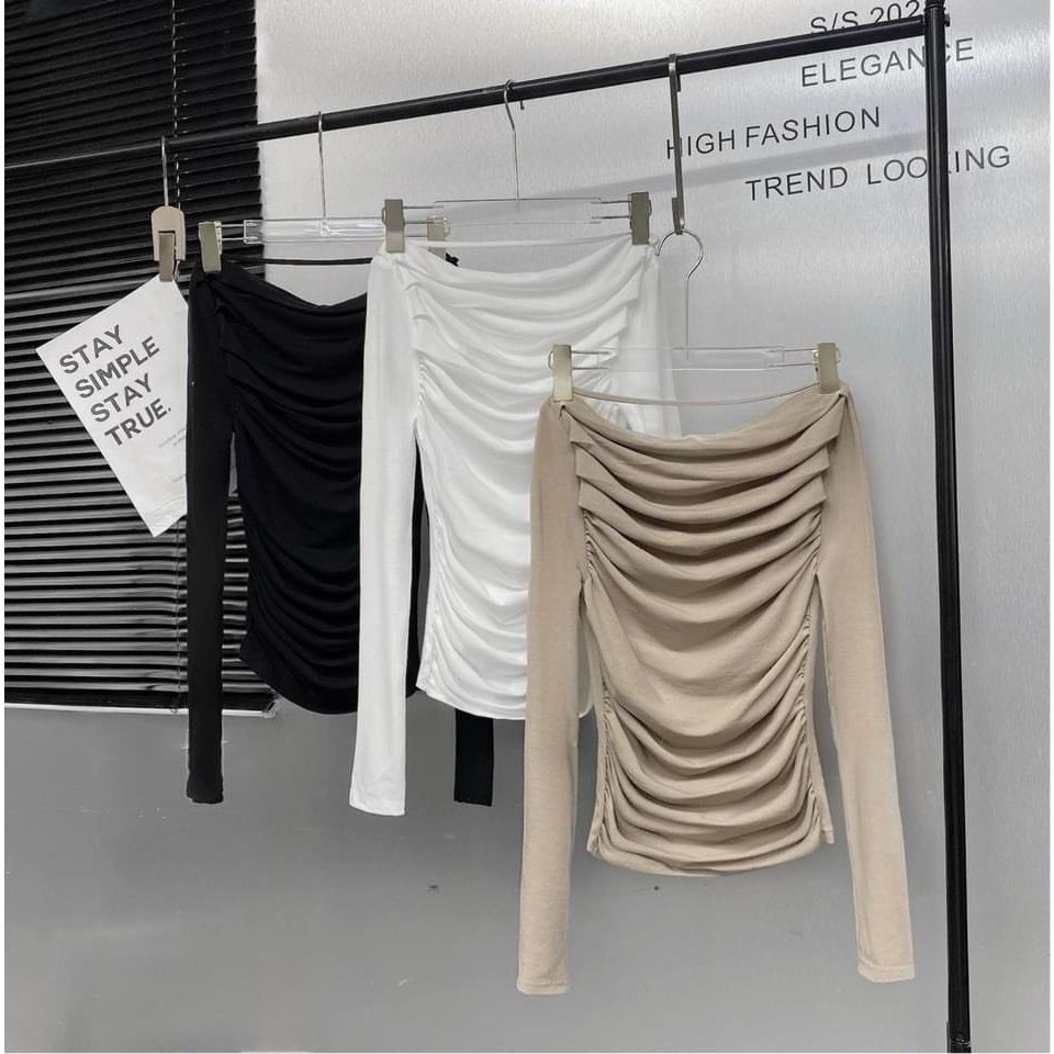 Áo Thun Nữ Dài Tay Trễ Vai Cotton Mịn Phối Nhún Thân Bo Eo Dáng Ôm 3 Màu B311092