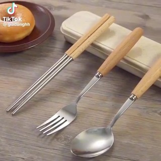 Bộ đũa thìa, dĩa inox - cán gỗ kèm hộp đựng lúa mạch