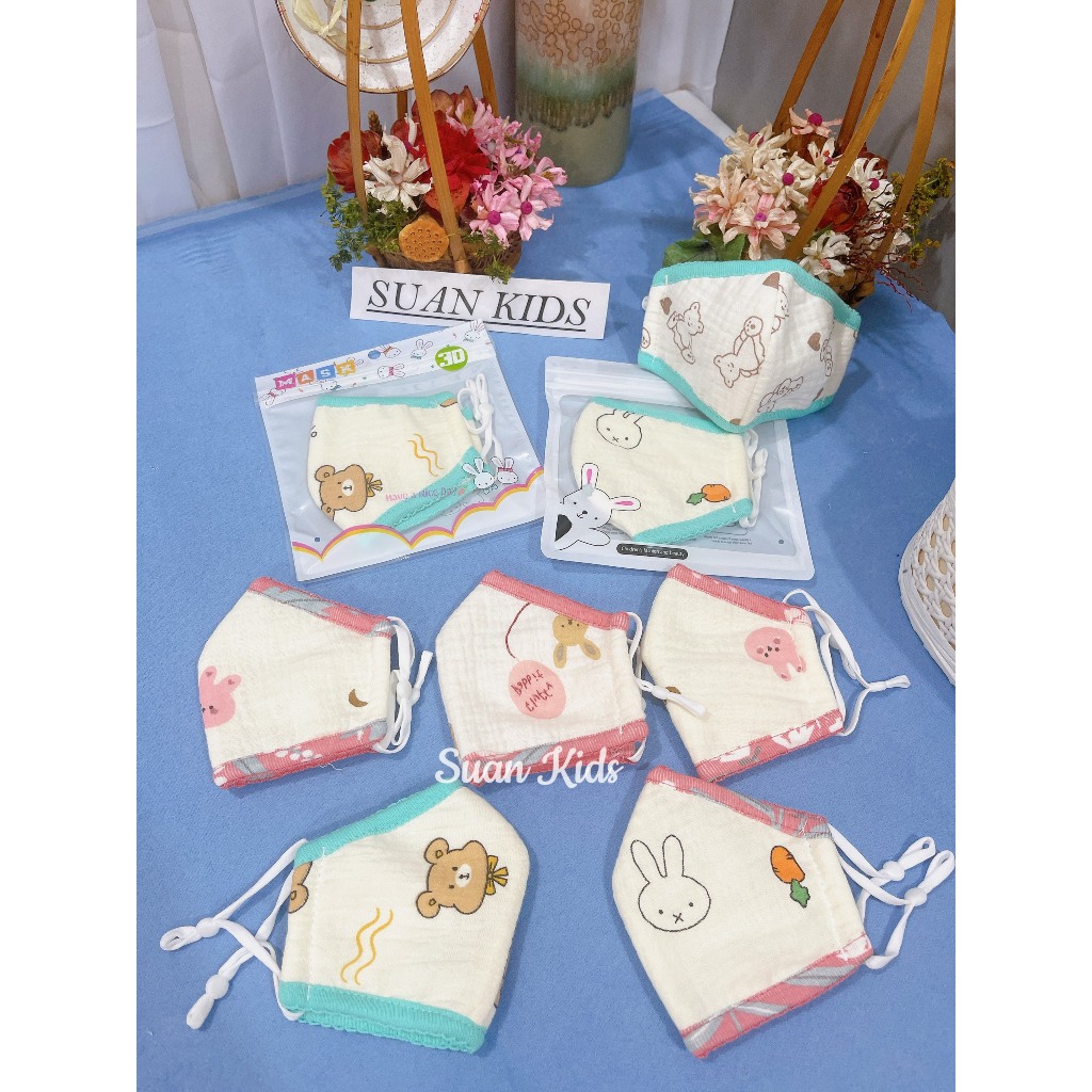 Khẩu trang kháng khuẩn cao cấp vải xô Muslin cho bé  có dây đeo điều chỉnh từ 0 đến 6 tuổi nhiều họa tiết - SUAN KIDS