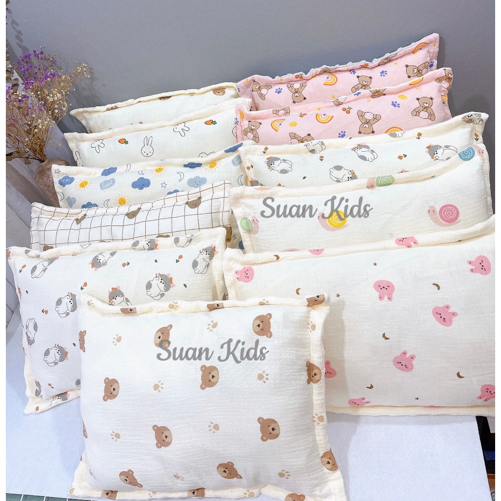 Gối xô Muslin phối nhung bi hạt đậu mềm mại cho bé từ 1-6 tuổi siêu thấm mồ hôi giúp bé ngủ ngon - SUAN