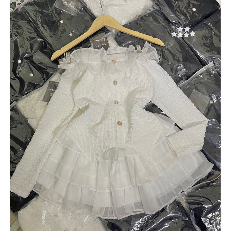 Sét váy trễ vai tiểu thư phối chân váy tơ tầng ❤️