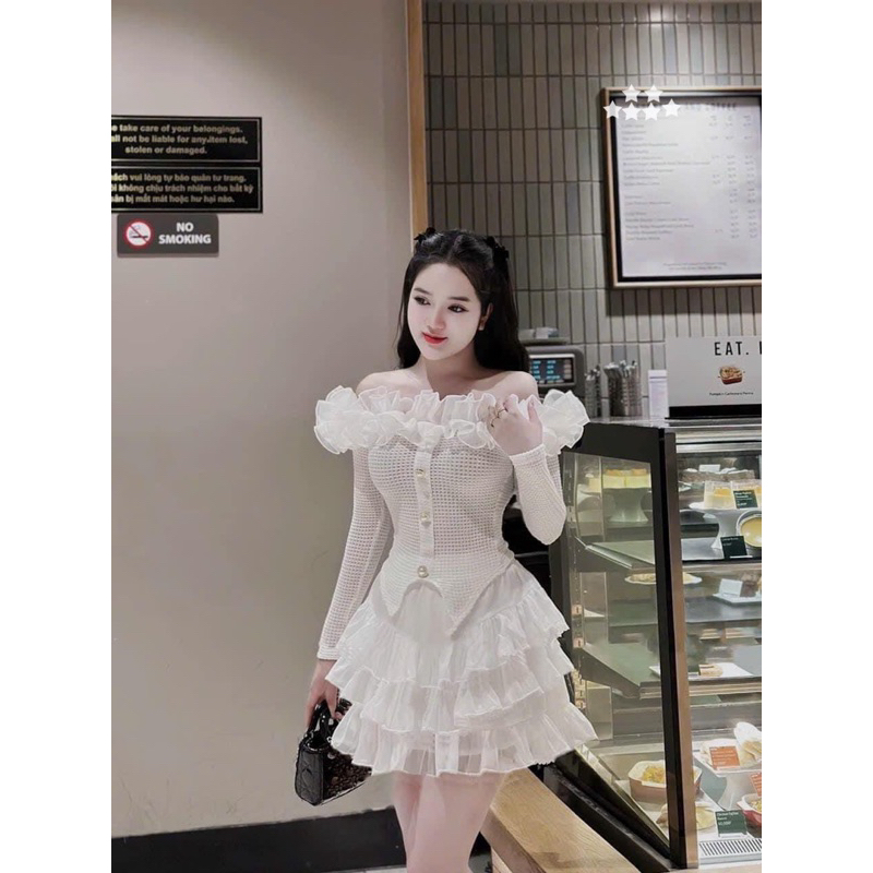 Sét váy trễ vai tiểu thư phối chân váy tơ tầng ❤️