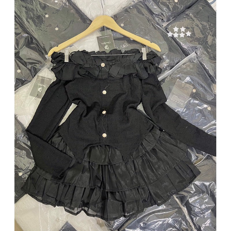 Sét váy trễ vai tiểu thư phối chân váy tơ tầng ❤️