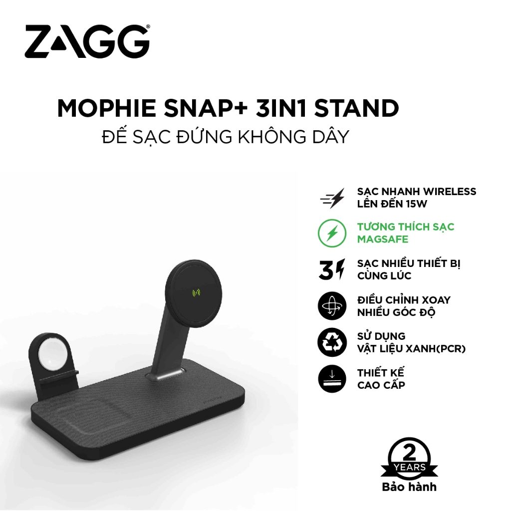 Đế sạc mophie Snap+ 3in1 Stand - sạc nhanh - 3 thiết bị cùng lúc - bảo hành 2 năm - phân phối chính hãng