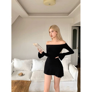 Đầm body trễ vai tay dài xòe dáng chữ a ôm sát form tôn eo đầm trễ vai màu đen trơn gợn sóng quyến rũ thời trang ulzzang