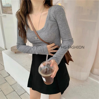 Áo thun nữ dài tay cổ vuông thanh lịch, Áo giữ nhiệt nữ cổ vuông bốn màu BASIC dễ phối đồ A60