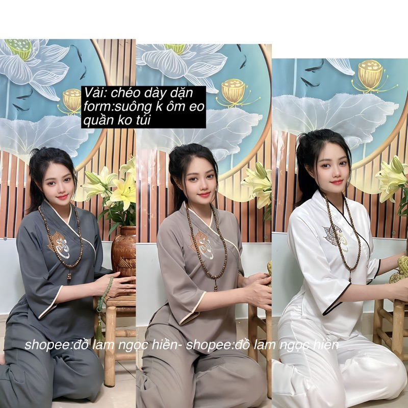 ( Maua moi) Mẫu Pháp phục Đồ Lam Đi Chùa Nữ Vải Chéo Hàn Thêu Chữ Tâm