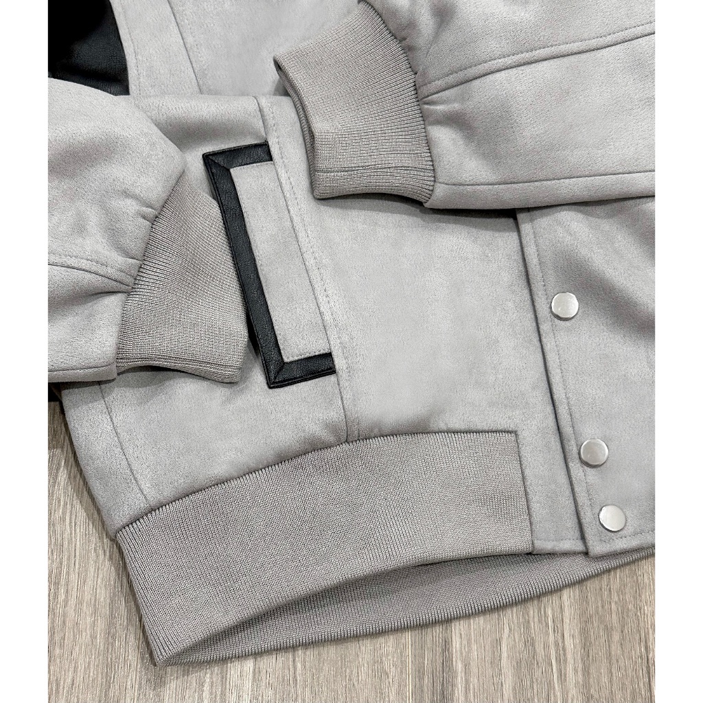 Áo khoác Da lộn nam LeeZone cao cấp | Varsity Tương phản Xám