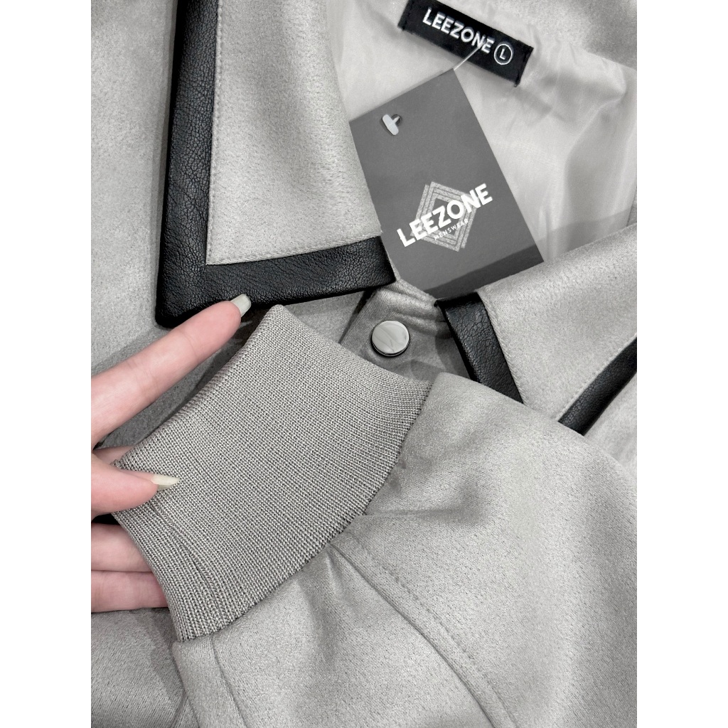 Áo khoác Da lộn nam LeeZone cao cấp | Varsity Tương phản Xám