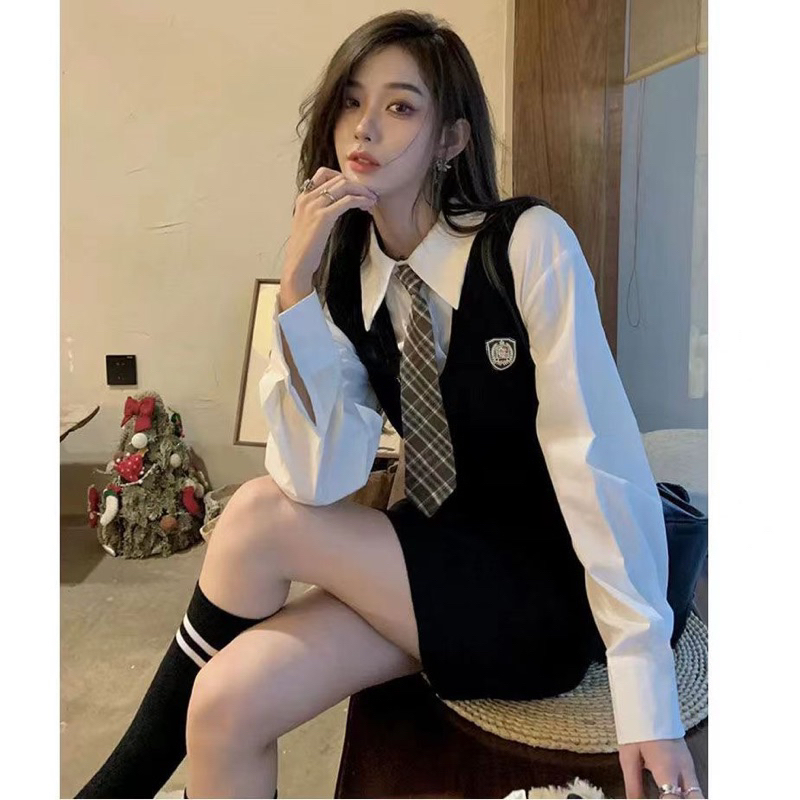 Váy Preppy 2 Dây Dính Liền Áo Sơmi Tay Dài Ôm Dáng Phong Cách Hàn Quốc Nữ Sinh Đại Học Diamondcloset Order