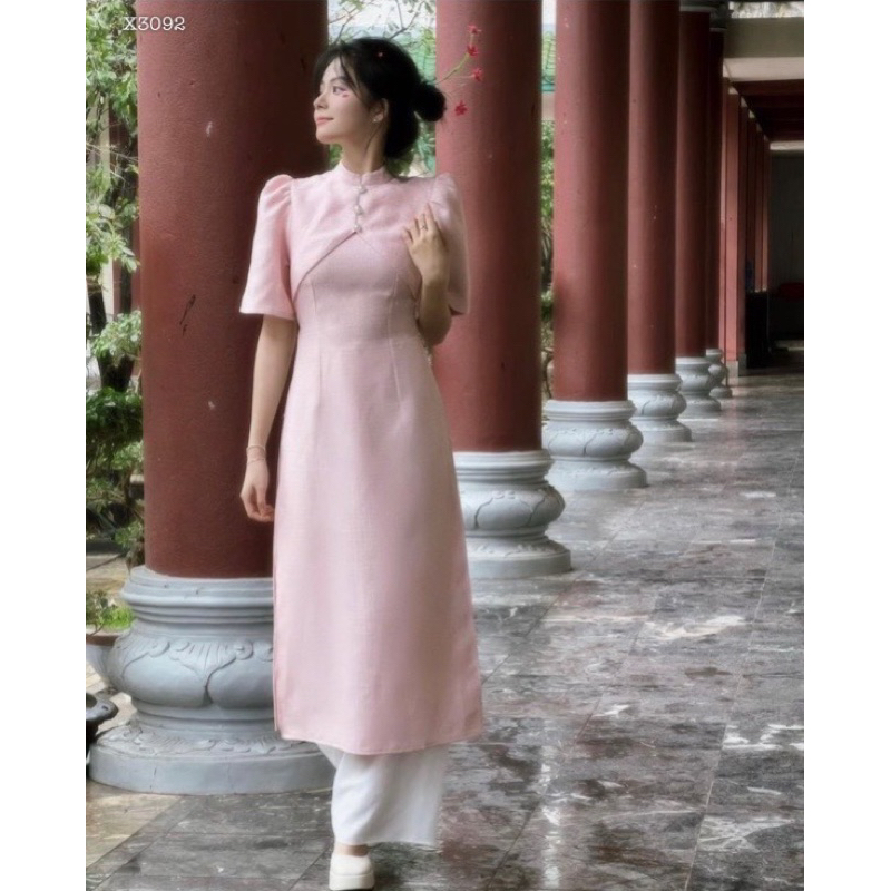 Set áo gấm cổ cao tay phồng, Áo dài xuân tết 2024, Áo ài cách tân