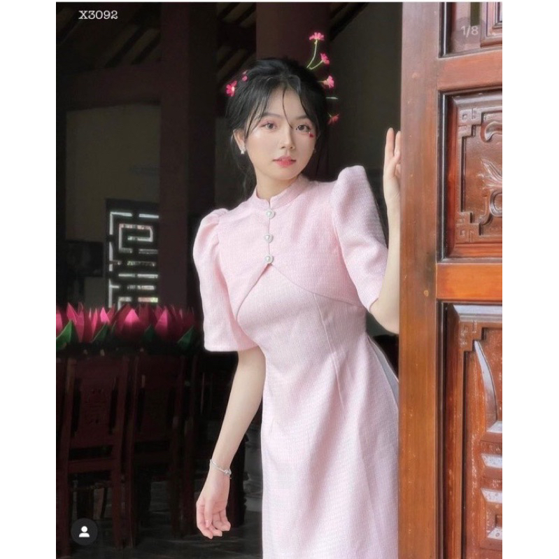 Set áo gấm cổ cao tay phồng, Áo dài xuân tết 2024, Áo ài cách tân