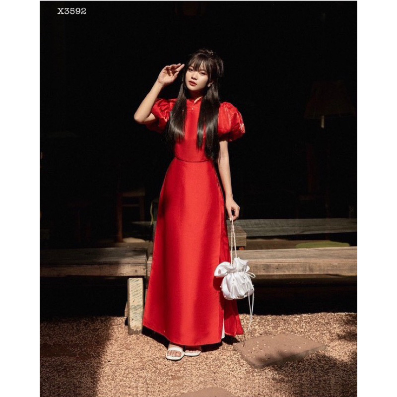 Set áo gấm cổ cao tay phồng, Áo dài xuân tết 2024, Áo ài cách tân