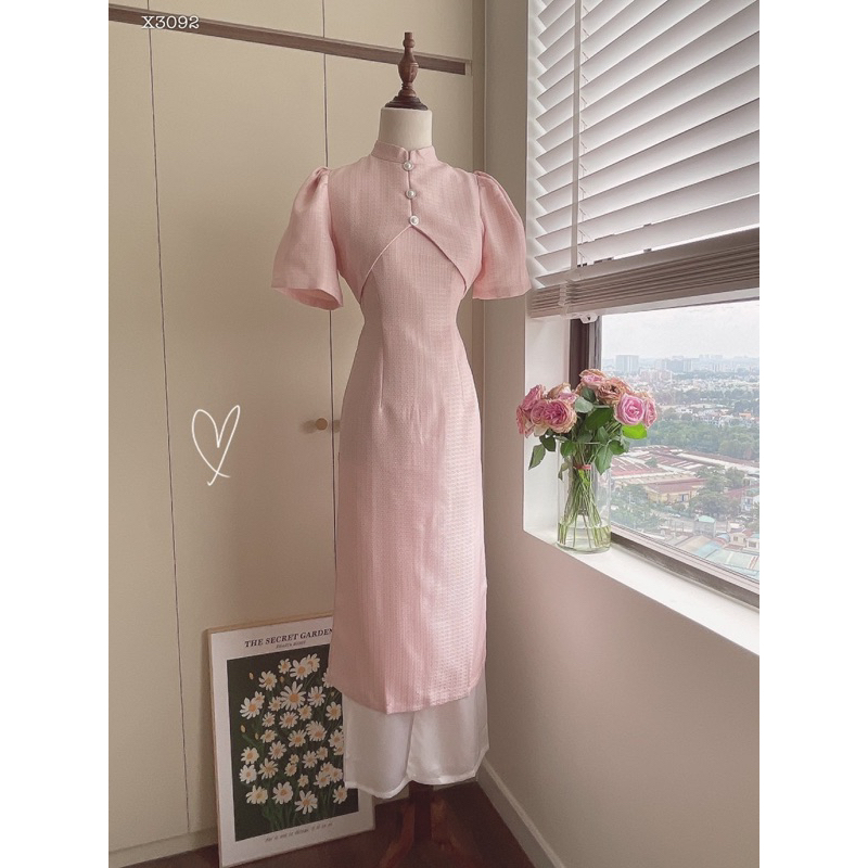 Set áo gấm cổ cao tay phồng, Áo dài xuân tết 2024, Áo ài cách tân