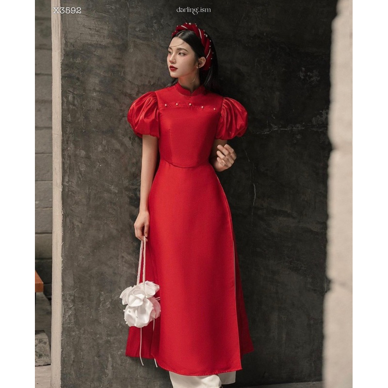 Set áo gấm cổ cao tay phồng, Áo dài xuân tết 2024, Áo ài cách tân