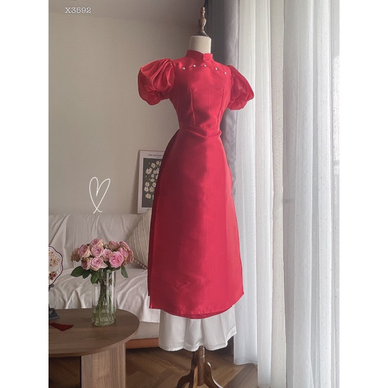 Set áo gấm cổ cao tay phồng, Áo dài xuân tết 2024, Áo ài cách tân