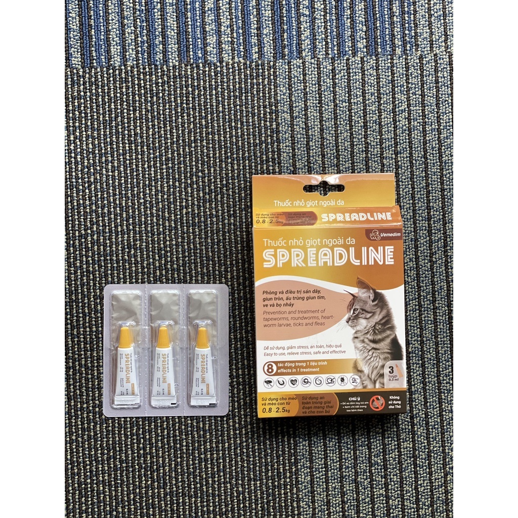SPREADLINE - Kiểm soát sán dây, giun tròn, ấu trùng giun tim, ve và bọ nhảy cho mèo từ 0,8 - 2,5 kg - Hộp 3 tu3ml