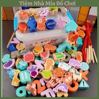 Đồ Chơi Luồn Hạt Gỗ, Xâu Hạt Gỗ 64 Chi Tiết Có Hộp Đựng Cho Bé Phát Triển Kỹ Năng