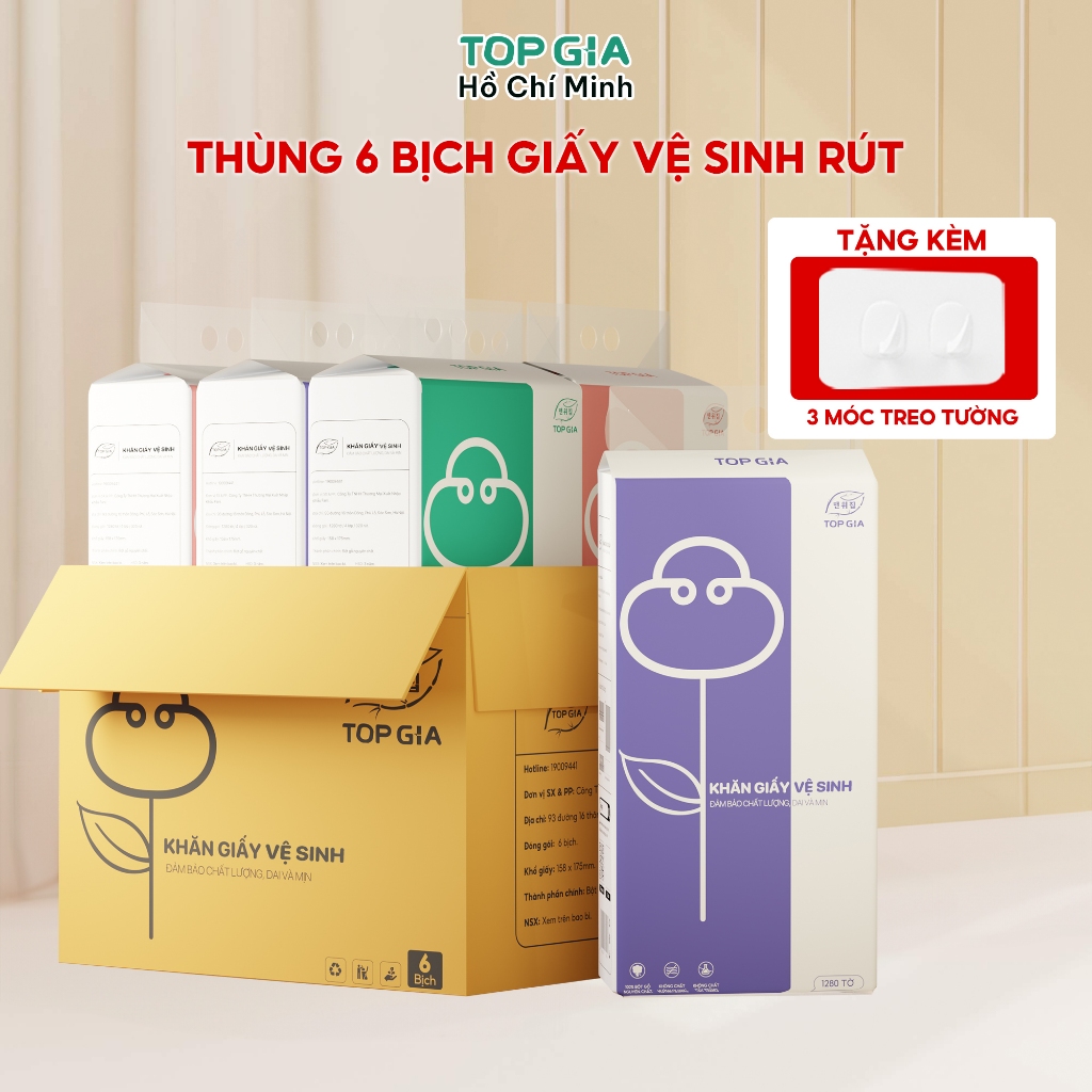 Giấy vệ sinh treo tường Top Gia thùng 6 bịch 3 màu, khăn giấy 1280 tờ làm từ bột gỗ nguyên chất, 4 lớp dày dặn