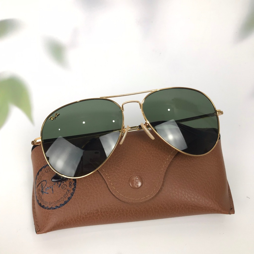 Kính rayban aviator chromax BL của Mỹ bọc vàng 12k, 2nd, tròng giọt lệ chuồn chuồn, màu xanh rau muống, logo nổi