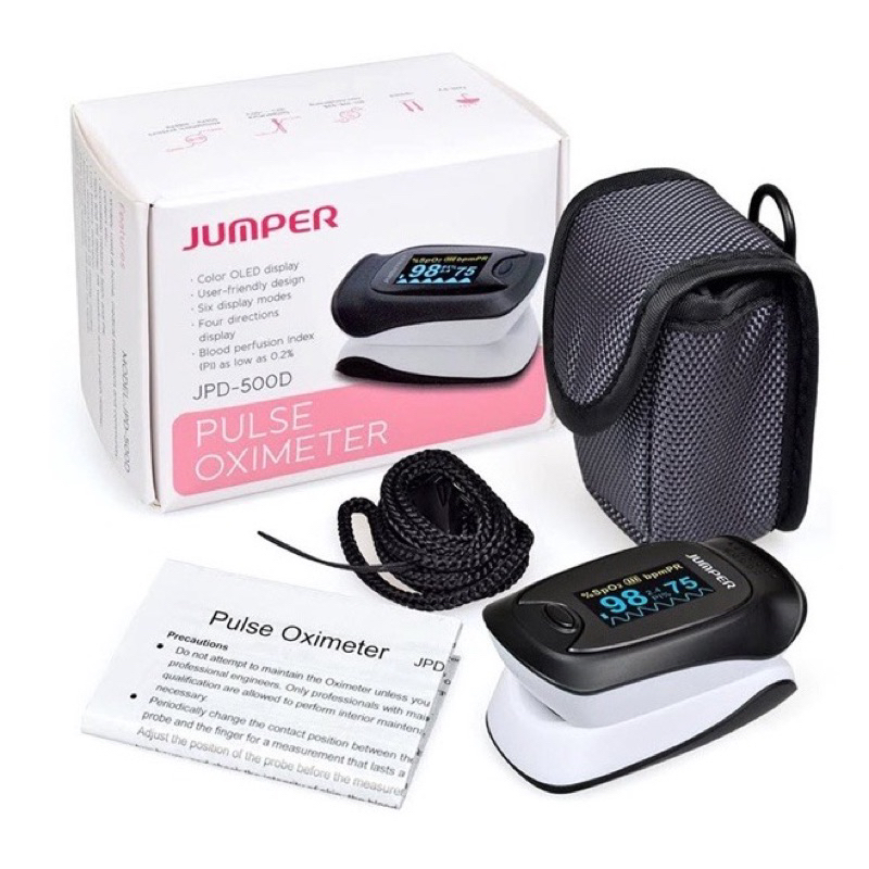 Máy đo nồng độ oxy trong máu/Đo Spo2/PULSE FINGER OXIMETER/Màu đen/Màn hình TFT/Đo được 3 chỉ số/Tặng pin và dây đeo