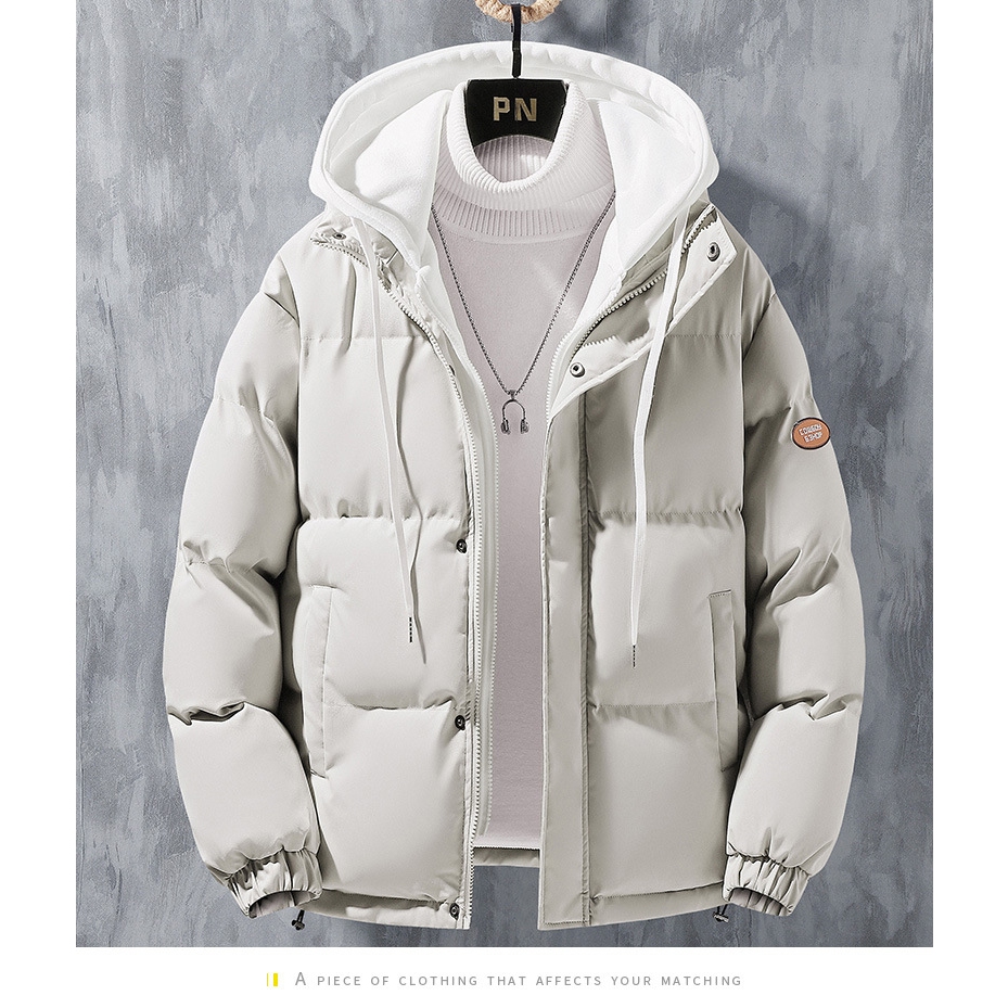 Áo khoác phao béo nam nữ mùa đông có mũ dáng rộng lót bông giữ ấm thời trang