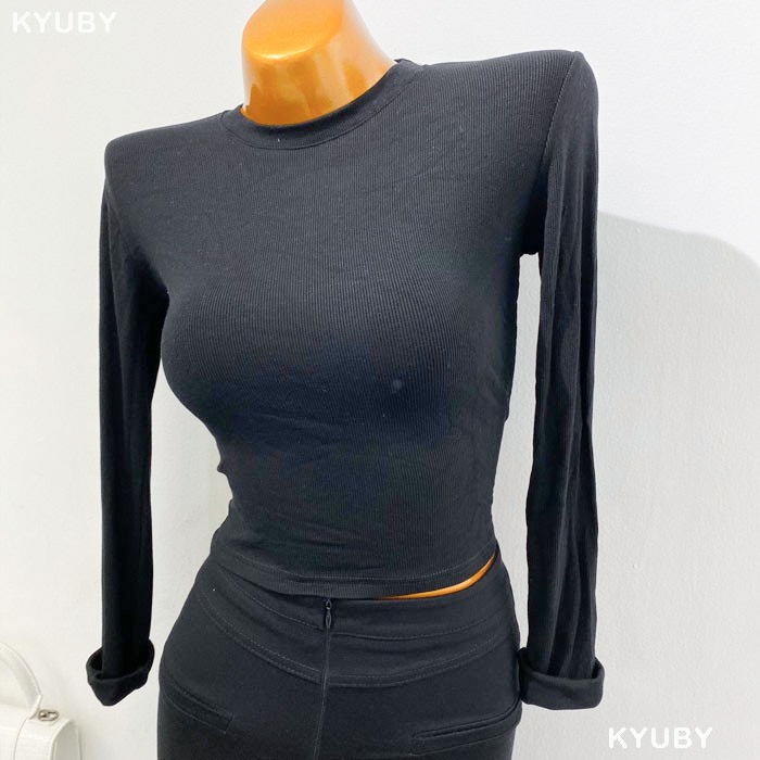 Áo croptop dài tay cổ tròn KYUBY Áo thun nữ tay dài dáng croptop A03