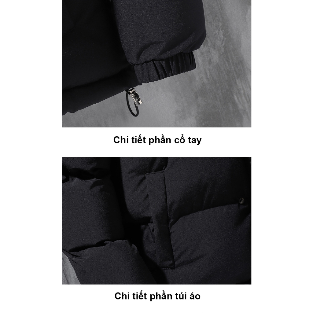 Áo khoác phao béo nam nữ mùa đông có mũ dáng rộng lót bông giữ ấm thời trang