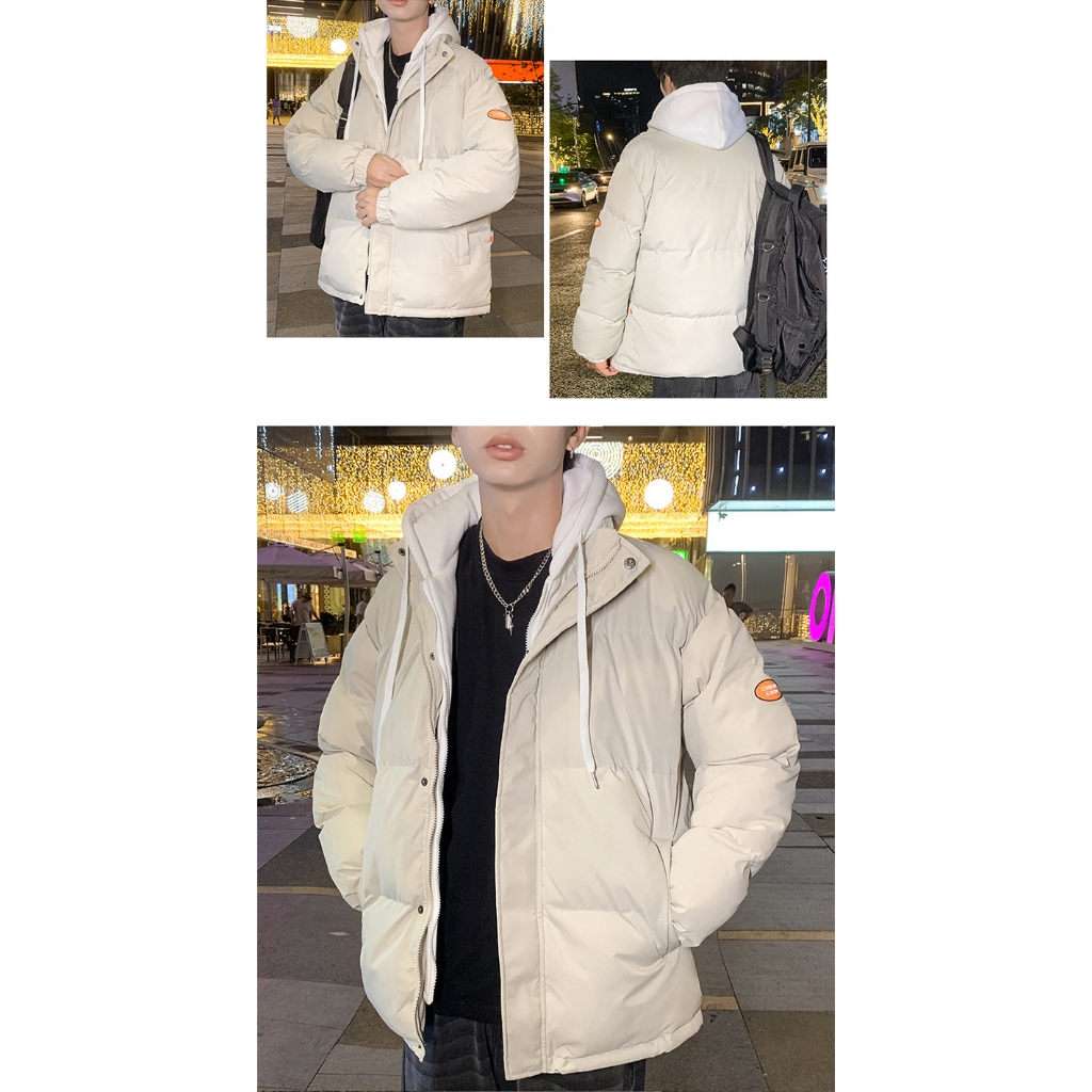 Áo khoác phao béo nam nữ mùa đông có mũ dáng rộng lót bông giữ ấm thời trang