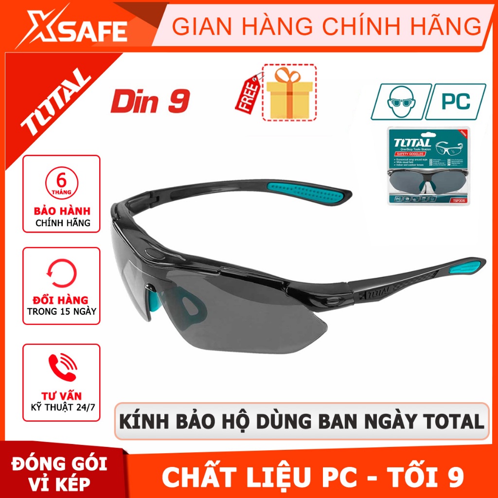 Kính bảo hộ TOTAL TSP306 chất liệu PC dùng ban ngày, độ tối 9, chống bụi và chống tia UV - XSAFE