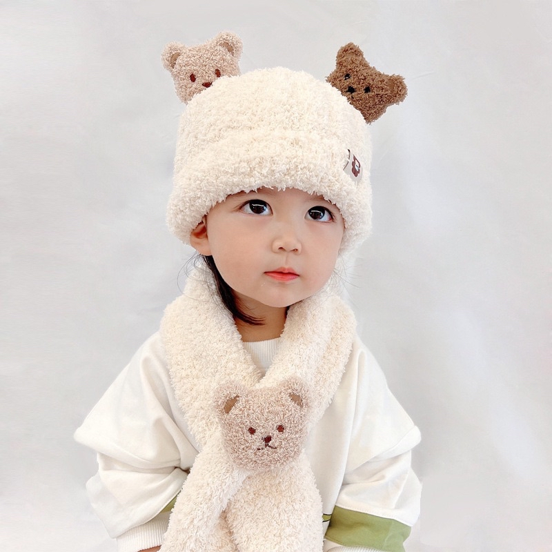 Set khăn mũ len bông xù mềm mại hình hai tai gấu 3D ấm áp cho bé yêu