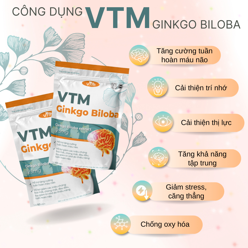Viên uống bổ não VTM Ginkgo Biloba cải thiện trí nhớ tăng cường tư duy - túi 60 viên