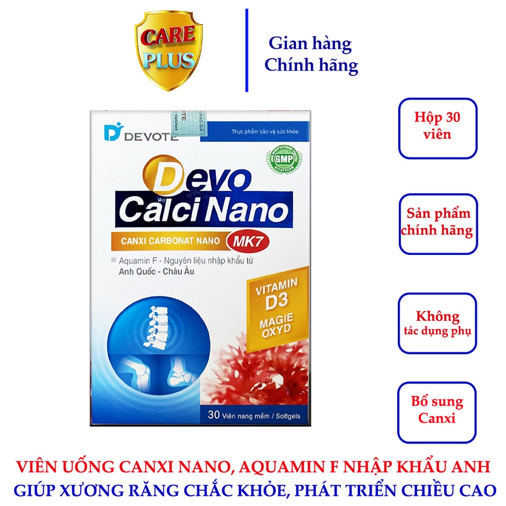 Viên uống bổ sung Canxi nano, Vitamin D3, MK7 giúp phát triển chiều cao, xương chắc khỏe DEVO Calci Nano MK7 – Hộp 30v