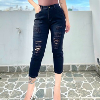   Bigsize  Quần Jean Nữ 9 Tấc Hàng Co Giãn Mẫu Rách Màu Đen Tuyền Từ 60-85kg Mã 4293 
