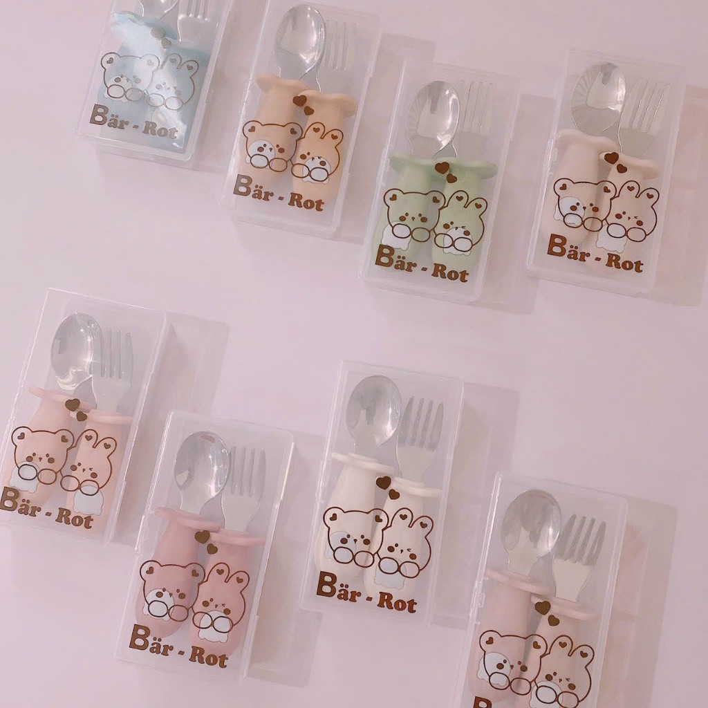 Set thìa - nĩa Silicon hình gấu Bar rot cho bé tập ăn dặm - Barrot Spoon and fork set