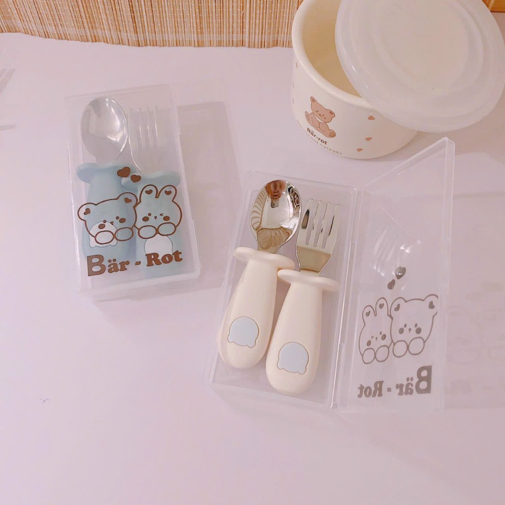 Set thìa - nĩa Silicon hình gấu Bar rot cho bé tập ăn dặm - Barrot Spoon and fork set