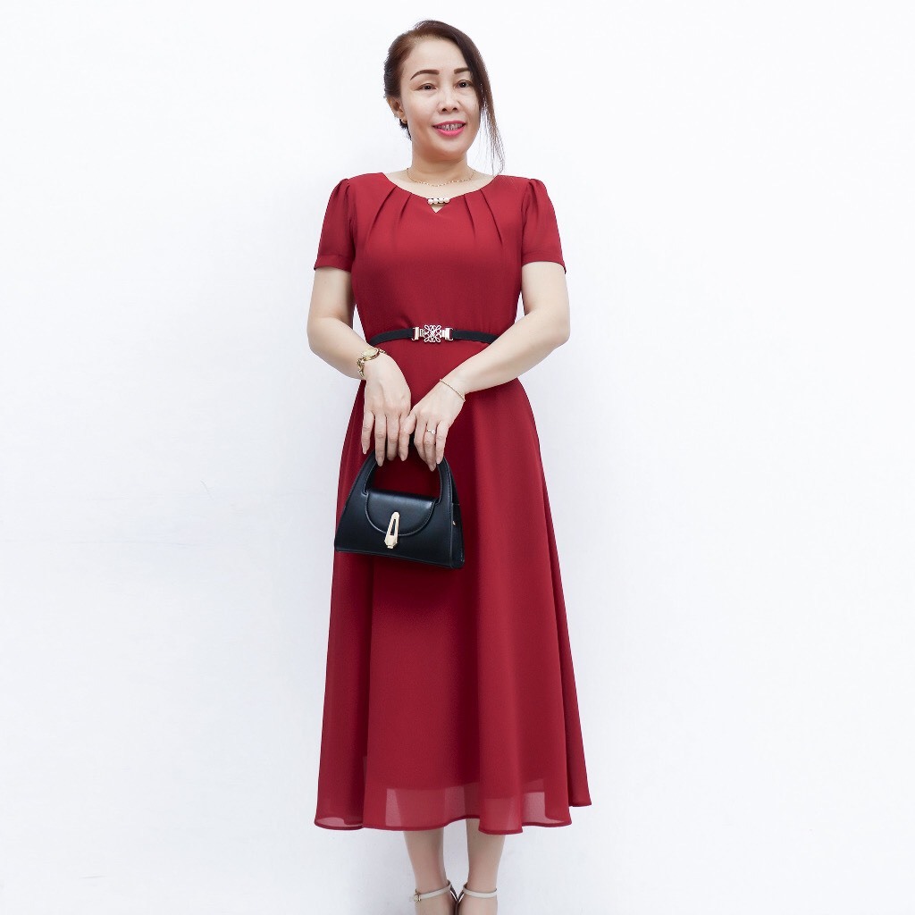Đầm dự tiệc trung niên đỏ bigsize mặc Tết AMYRA,Thiết kế dáng xòe voan phối lưới tôn dáng giấu bụng DA144